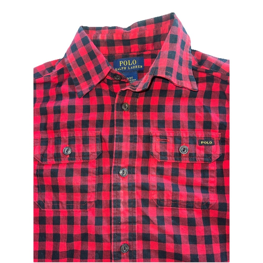 Polo Ralph Lauren Red Blue plaid long sleeve button up dress shirt sz 3T Cute